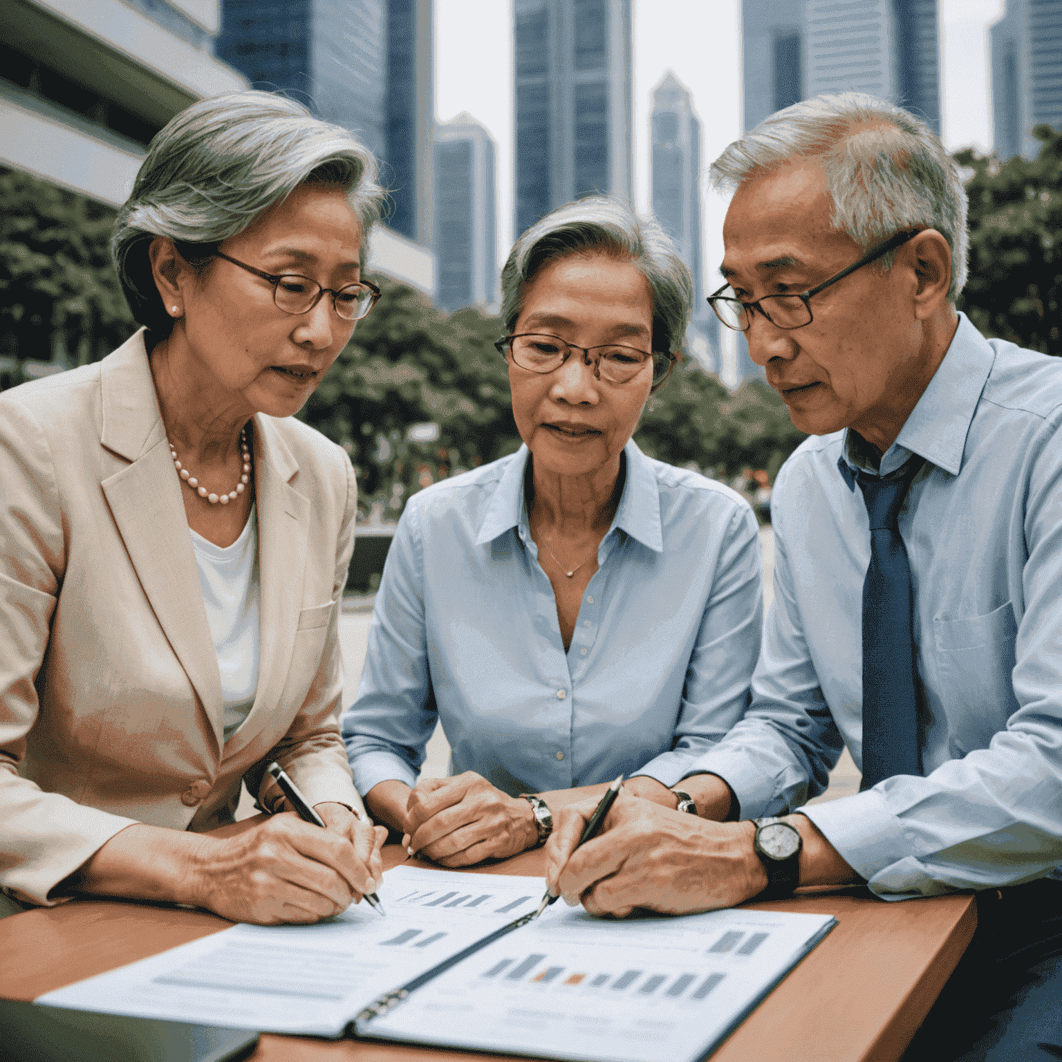 Senior couple reviewing investment portfolio with a financial advisor in Singapore's financial district