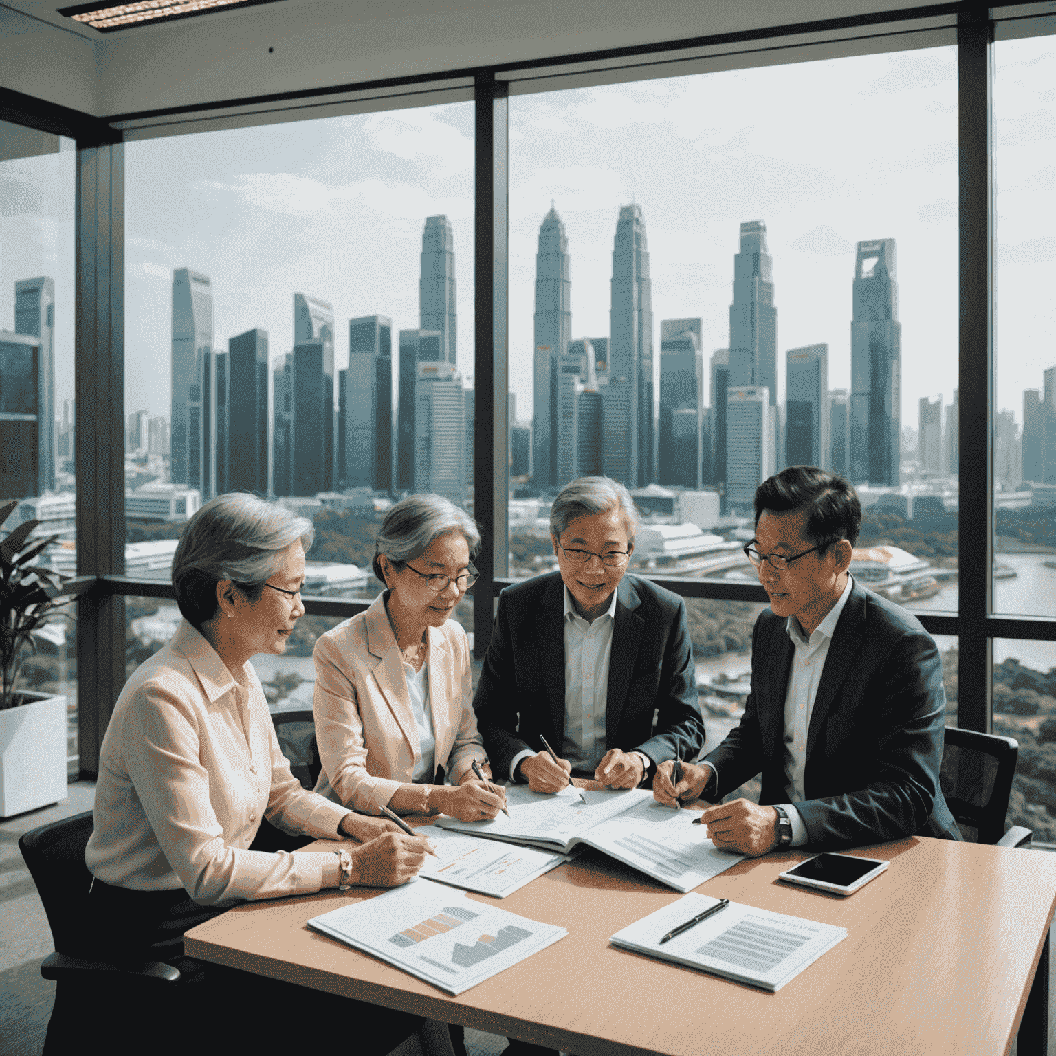 Senior couple reviewing investment portfolio with a financial advisor in a modern Singapore office, skyline visible through large windows