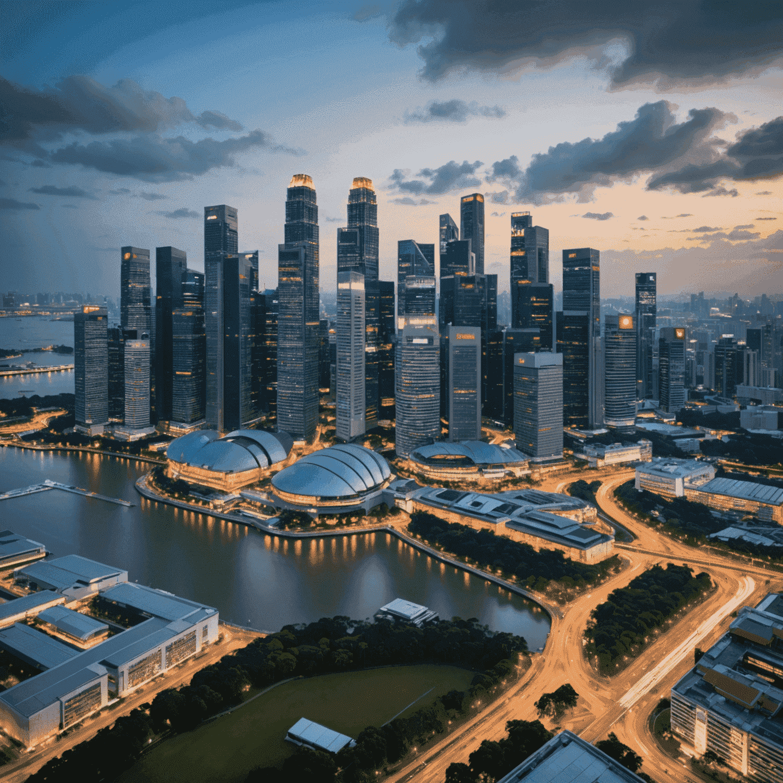 Singapore skyline with modern skyscrapers, emphasizing the financial district. The image showcases the prosperity and economic strength of the city-state, appealing to older investors looking for stable growth opportunities.