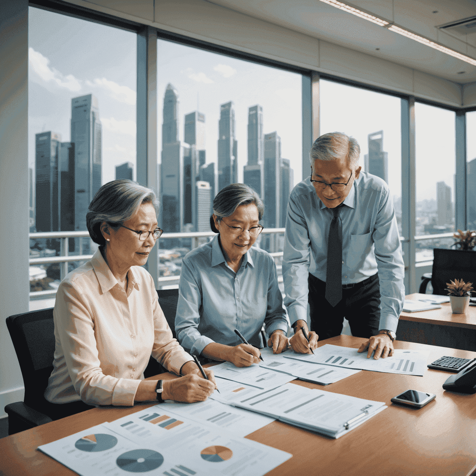 Senior couple reviewing financial documents with a financial advisor in a modern Singapore office, with the city skyline visible through large windows