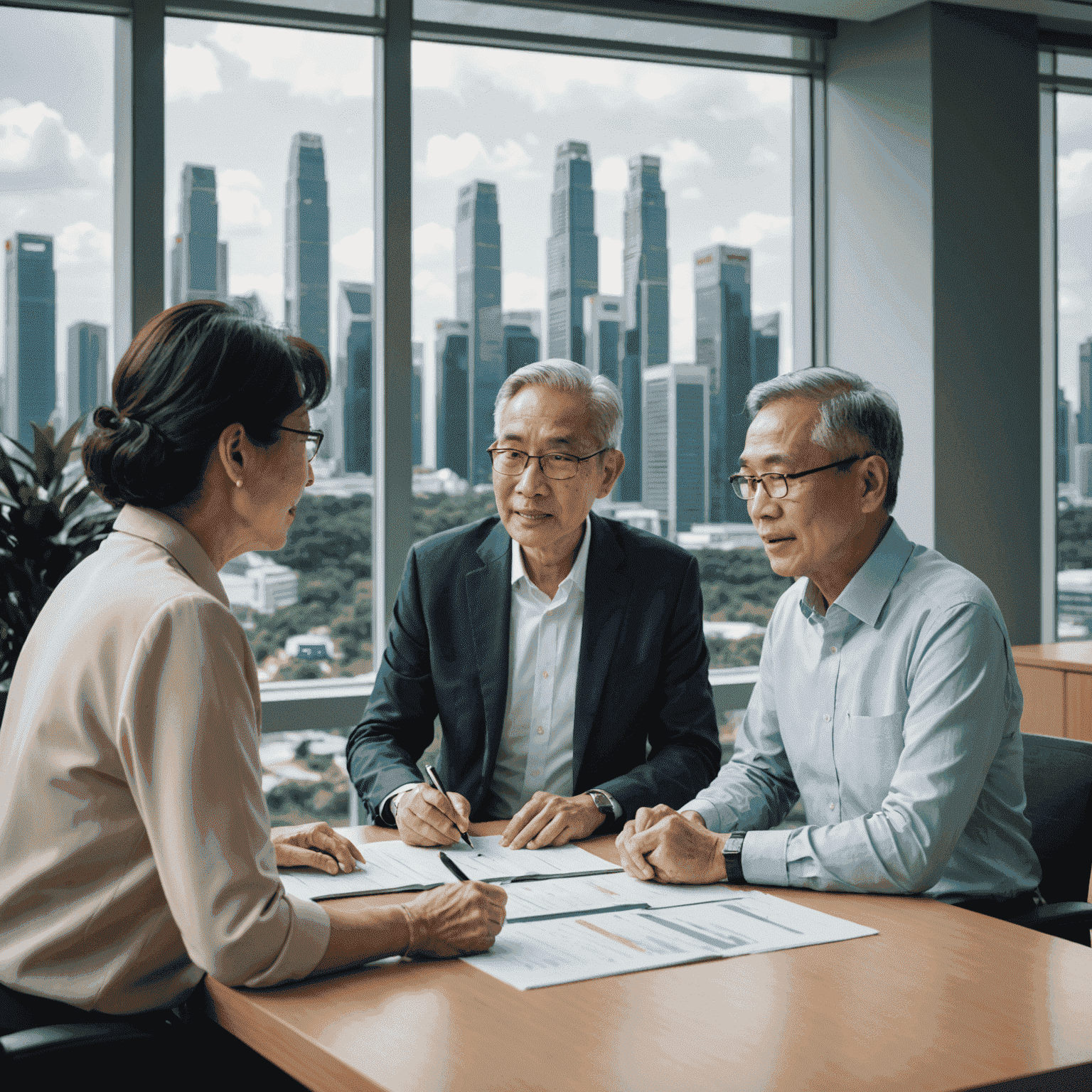 A professional estate planner discussing with an older Singaporean couple in a modern office with Singapore skyline visible through the window