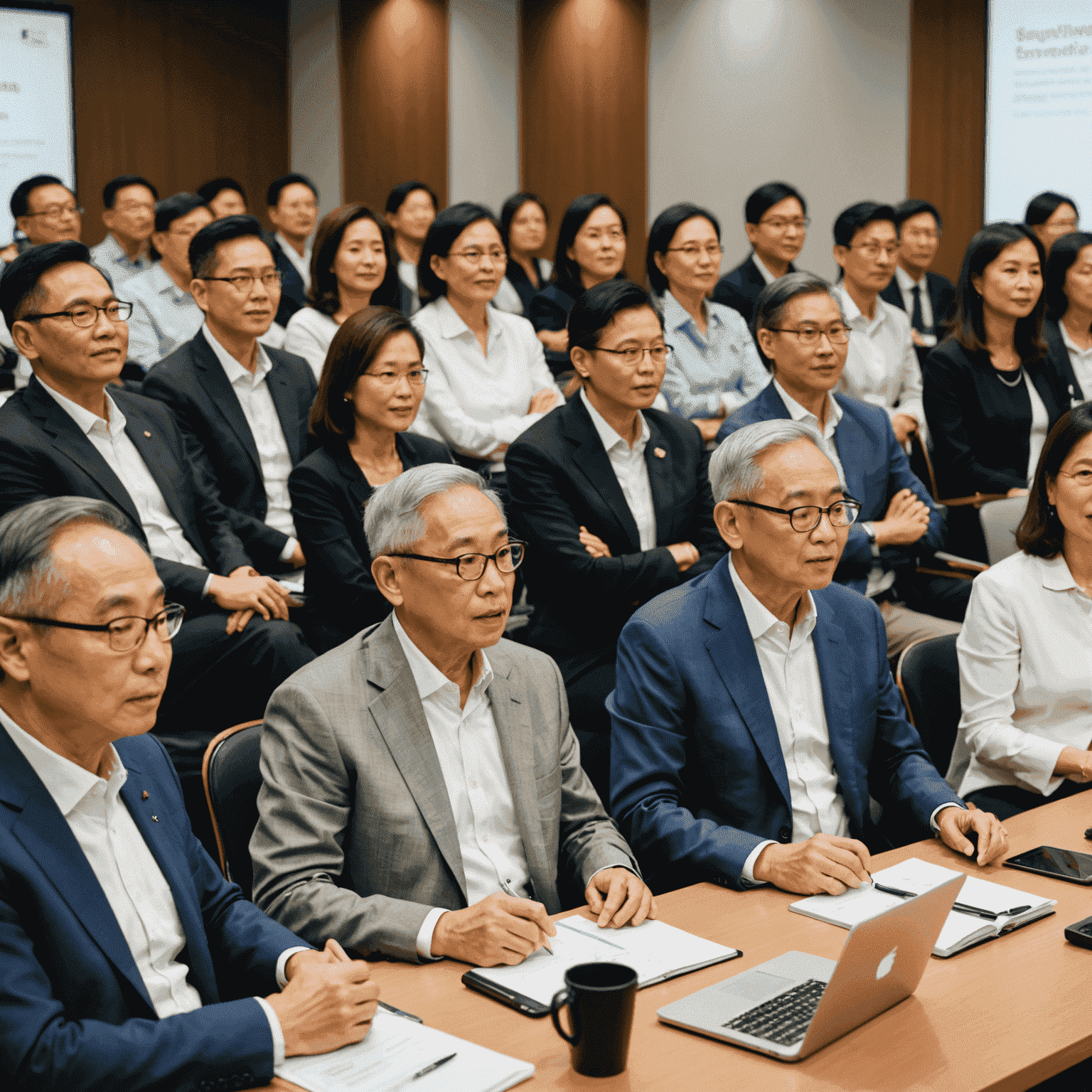 Diverse group of older Singaporean investors engaged in a digital investment seminar, symbolizing adaptation to new economic reforms