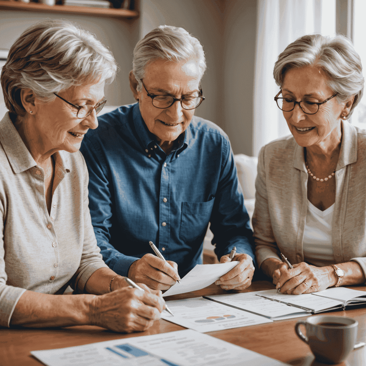 Senior couple reviewing retirement plans with a financial advisor, showcasing personalized consultation services