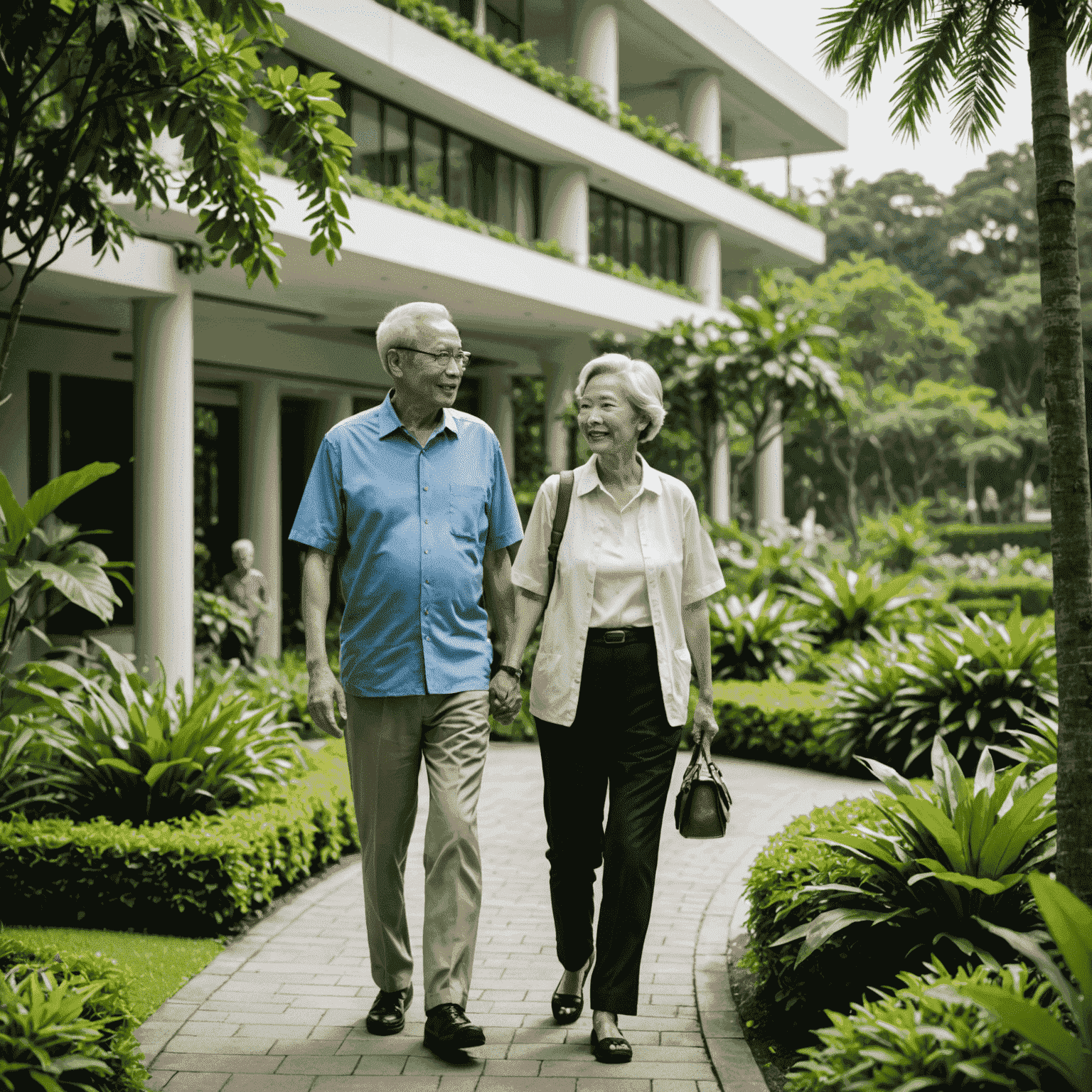 A serene retirement scene in Singapore, showing an older couple enjoying a walk in a lush garden with modern architecture in the background. This image represents the comfortable and prosperous retirement that proper asset management can provide.