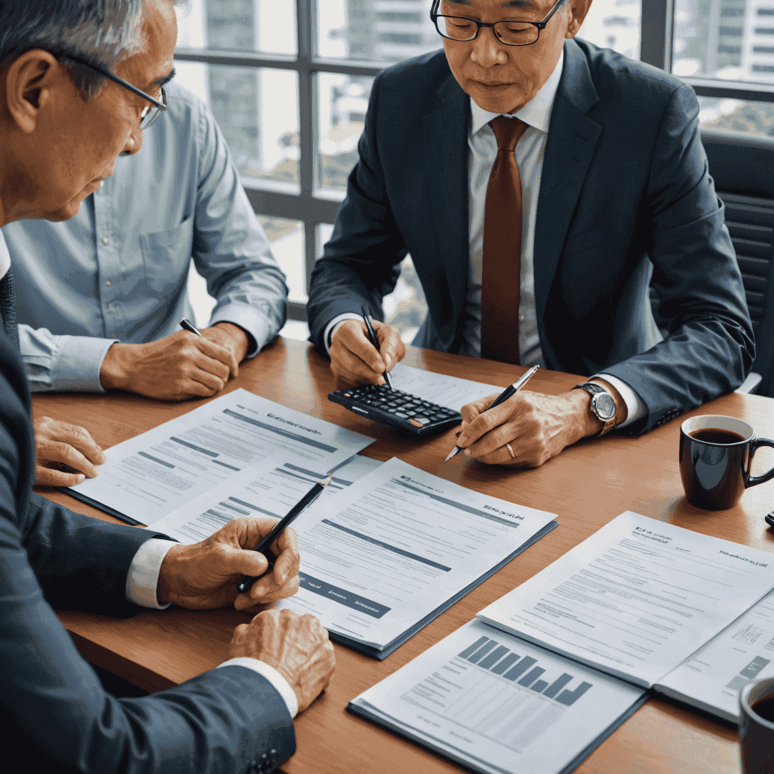 Senior investor reviewing tax documents with advisor, Singapore tax policy guide visible on desk